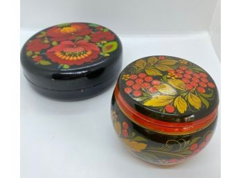 Two Russian Folkart Handpainted Covered Bowls With Lids
