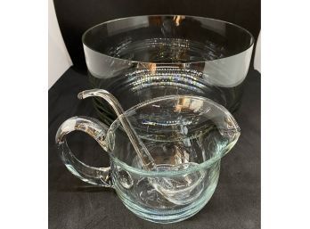 Vintage Glass Salad Set With Bowl & Pitcher With Ladle For Dressing