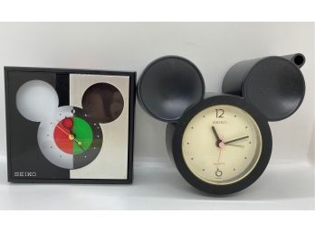 Two Vintage Disney Mickey Mouse Clocks, Quartz & Seiko, One With Pen Holder In Ear
