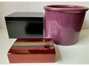 Ceramic Planter, Metal Box & Wood Jewelry Box