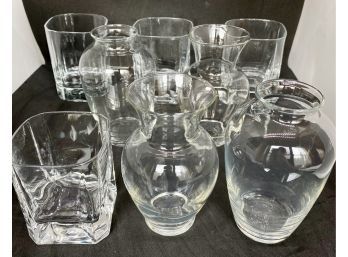 Four Tumbler Glasses & 4 Glass Bud Vases Or Mini Carafes