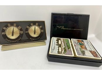 Vintage Barometer Thermometer & 1960s Double Airline Playing Cards,  American Of Martinsville