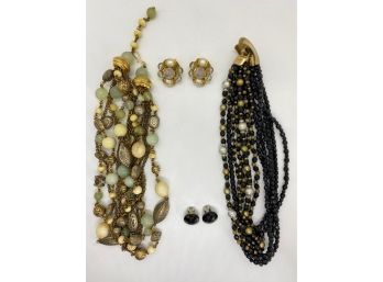 Two Vintage Beaded Necklaces With Matching Clip-on Earrings