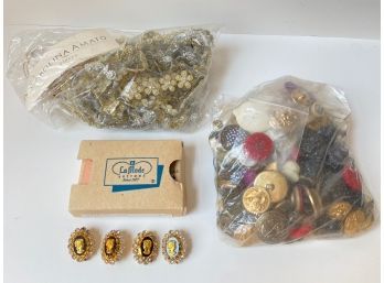 Vintage Sewing Notions:Trimming & Buttons Including New In Box Cameos With Rhinestones