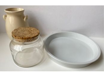 Pie Baking Plate, Glass Canister With Cork Lid & Ceramic Vase