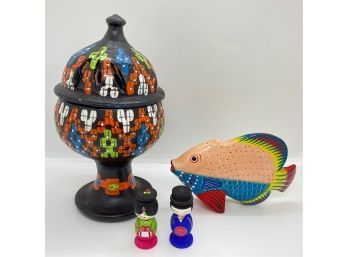 Handpainted Ceramic Incense Burner, Wood Fish From Antigua & Japanese Wood Figurines
