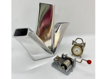 Alessi Bud Vase Or Pen Holder, Vintage Wallace Quartz Mini Clock & Music Box Mechanism