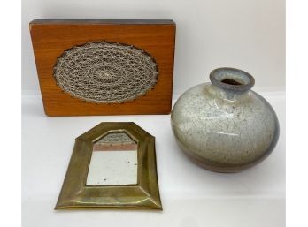 Vintage String Art, Small Indian Wall Mirror & Ceramic Bud Vase