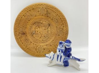 Russian Folkart Handpainted Porcelain Figurine & Carved Wood Plate