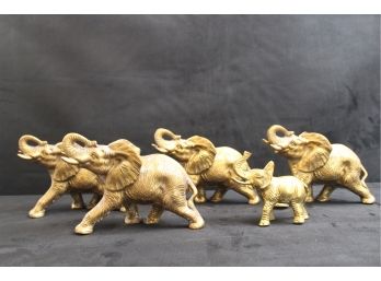 Set Of Five Solid Brass Elephants With Markings On Four Elephants