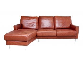 Three Cushion Cognac Leather Chaise Sofa With Channel Back And Brushed Aluminum Cup Holders