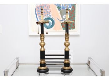Set Of 2 Neoclassical Brass Ringed  And Pierced Black Tole Table Lamps