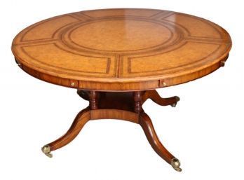 Maitland-Smith Mahogany Dining Leather Stamped Round Single Pedestal Table With Brass Casters