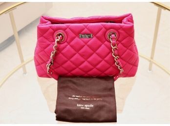 Kate Spade Gold Coast Zinnia Pink  Small MaryAnne Diamond Quilted Hand Bag With Silver Chain Leather Handles