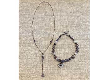 Complimenting Set Of Sterling Silver And Black Pearl Necklace And Bracelet