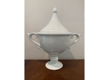 Glazed White Ceramic Decorative Pedestal Urn With Lid