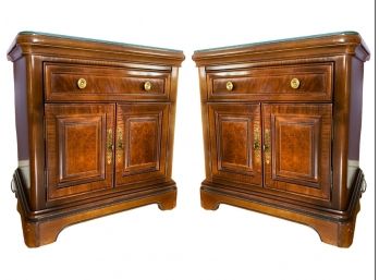 Pair Of Matching Bernhardt Solid Mahogany Nightstands With Burled Inlay And Beaded Trim Detailing
