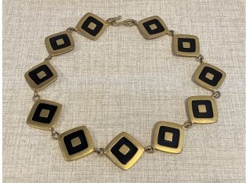 Attractive Geometric Shape Gold Tone And Black Onyx Vintage Designer Necklace By Erwin Pearl