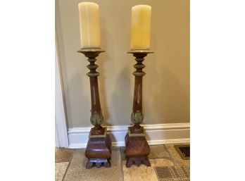 Pair Of Decorative Carved Wood Floor Standing Candle Pillars
