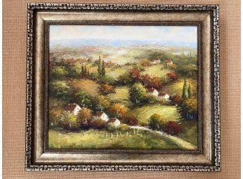 European Countryside Landscape Painting On Stretched Canvas With A Decorative Metallic Frame