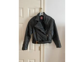 Greg Bell Short Quilted Leather Biker Jacket With Asymmetric Zipper Front And Belted Waist