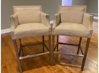 Pair Of Silky Linen Fabric Upholstered Counter 'club' Chairs With Silver Nailhead Detail And Metal Footrail