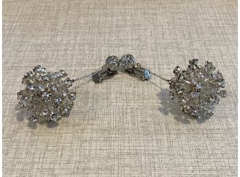 Pair Of Vintage Rhinestone Studded Snowflake Design Clip-on Dangle Earrings
