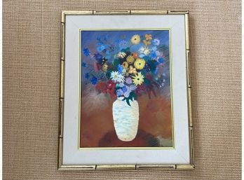 Bright Floral Painting On Canvas Board With A Gold Leaf Bamboo Motif Frame