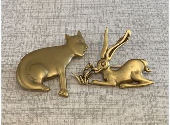 Pair Of Guggenheim Museum Brass Lapel Pins Cat And Rabbit
