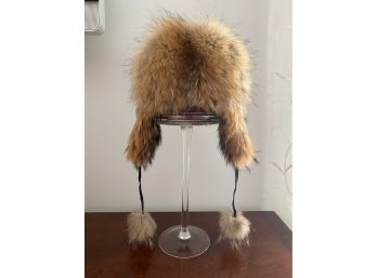 Fox Fur And Leather Ladies Trapper Hat With Pom-poms
