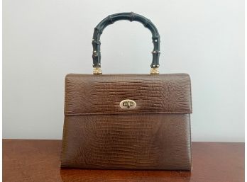 Vintage Sheldon Reptile Leather Accordion Handbag With Black Bamboo Handle