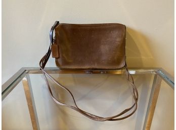 Coach Brown Leather Shoulder Bag With Brass Hardware Zipper Closure
