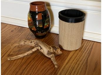 Painted Ceramic And Canister Bundle With Driftwood Figure