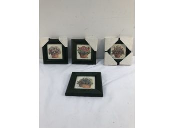4 Green Framed Floral Prints 11 3/4 X 9 3/4