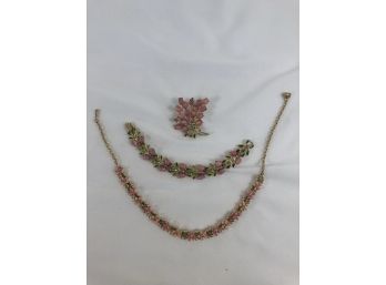 Vintage  Coro Goldtone Pink/Green Necklace, Bracelt & Pin