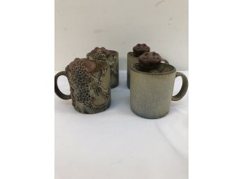 4 Pottery Frog/lizard Coffee Mugs (made In Japan)