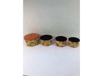 Mid Century  Orange / Yellow Flowers Covered Bowl W/ Smaller Bowls Inside No Covers
