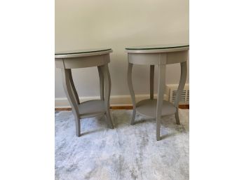 Pair Of Ethan Allen  Mirror Top Round Silver Painted Wood Tables