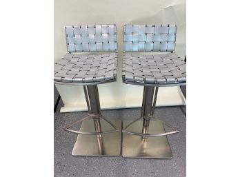 Pair Of Leather Woven Counter Stools