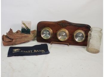 Vintage Pot Luck Assortment-Planters Glass Peanut Jar, Springfield Barometer, Driftwood, Hershey Park Bell