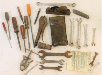 Vintage Lot Of Used Hand Tools With Craftsman Wrenches, Screwdrivers, Vise Grips, Wood Plane, Etc.