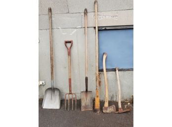Vintage Outdoor Garden Tool Assortment - Shovels, Pitchforks, Axe & Pick Axe