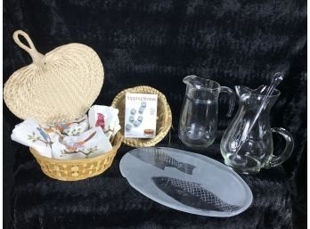 Sangria Pitcher , Glass Fish Platter , Sipping Stones. Embroidered Napkins, Baskets