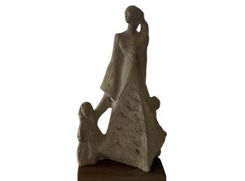 Mother And Small Children Sculpture Walnut Base By Austin Productions 1978