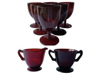 Cranberry Glass Glasses (Set Of 6), Creamer & Sugar Bowl