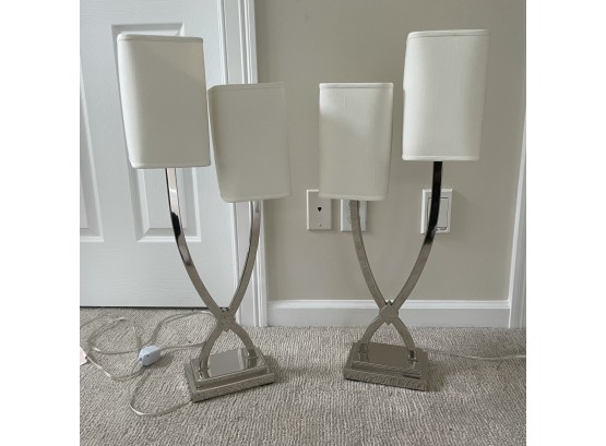 Pair Of Silver Toned Modern Style Lamps - 2 Pieces