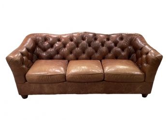 Thomasville Three Cushion Tufted Back Flared Arm Real Leather Sofa - Lot A