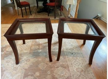 Pair Of Wood Side Tables With Glass Top - 2 Pieces