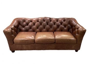 Thomasville Three Cushion Tufted Back Flared Arm Real Leather Sofa - Lot B