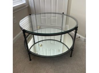 Metal Silver Toned Circular Accent Table With Glass Top And Mirrored Shelf